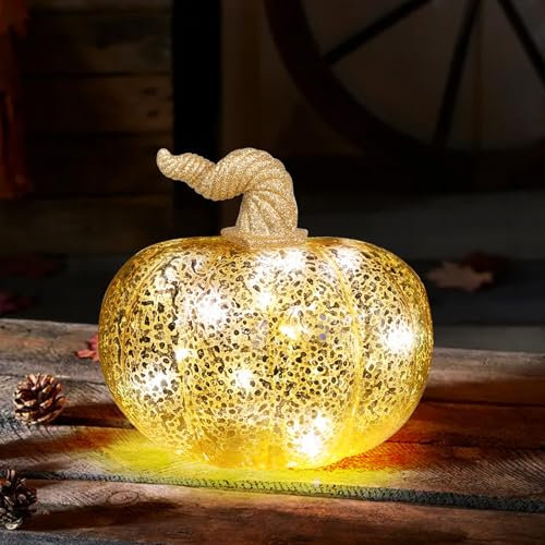 DETENE Herbstdeko Kürbis Deko Goldener Halloween Glas Kürbis Erntedank Künstliche Kürbisse für Herbst Ernte Thanksgiving Halloween Dekoration Tischdeko(Kreisförmig)