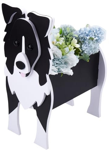 CREATCABIN Blumentopf Mit Border Collie Hundemotiv Pflanztöpfe In Tierform Blumentopf Gartentopf Pflanzbehälter PVC Für Innen Und Außenbereich Gartenpflanzen DIY Dekoration Geschenk 22x15x34cm