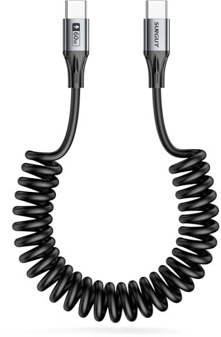 SUNGUY Cable USB C a USB C Espiral, 2 piezas 60W Cable USB C Carga Rapida, 【0.4m-1m】 Cable USB Tipo C para Android Auto, iPhone 15 Pro Max Plus, Galaxy S24/ S23, Google Pixel, HUAWEI, iPad Pro,MacBook