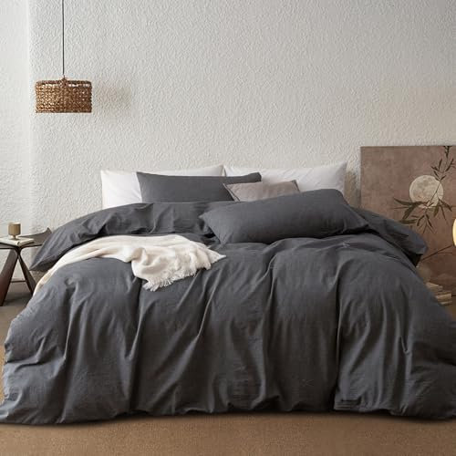 Freyamy Baumwolle Bettwäsche 200x220cm 3teilig Anthrazit Grau Baumwolle Renforce Bettwäsche Set Unifarben Leinenoptik Deckenbezug Uni Bettbezug mit Reißverschluss und 2 Kissenbezug 80x80cm