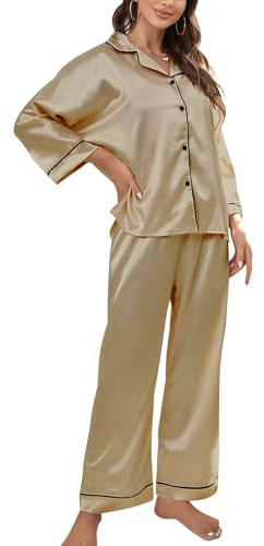 ACWOO Satin Damen Schlafanzug, Langarm Schlafanzüge Set, Satin-Pyjama-Set für Womens Schlafanzüge Button-Down Oberteil + Hose, Zweiteiliger Nachtwäsche