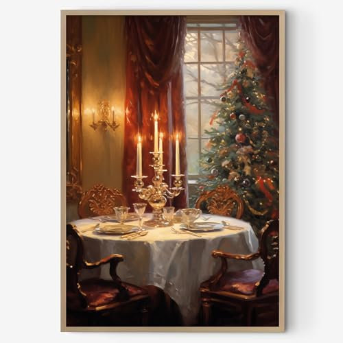 Leinwandbild, Vintage-Stil, Weihnachtsbaum, Kunstwerk, Winterszene, Gemälde, Weihnachtslandschaft, Bild, Kerze, Leinwand, Wandkunst, Retro-Weihnachtsdrucke, Winter-Weihnachtsbilder, 40,6 x 61 cm, ohne