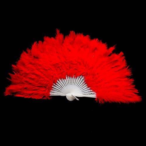 Lotsdonxia One Elegantly Delicate Hand-Operated Feather Fan, Ideal for Weddings, Parties, Performances and Dance Accessories–A Foldable Fluff Fan（Red）