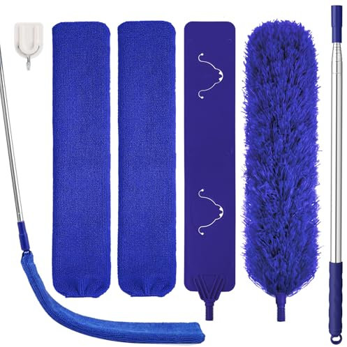Plumeau télescopique lavable, en microfibre, avec 2 balais d'angle flexibles, 1 tige télescopique en acier inoxydable pour le nettoyage sous le canapé, les meubles, le plafond, les toiles d'araignée,