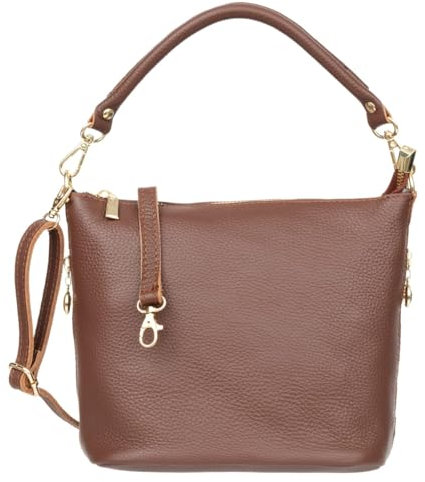 Vezze Molla Ledertasche aus hochwertigem italienischem Glattleder - Kleine Schultertasche mit Reißverschluss - abnehmbarem Riemen - verstärktem Boden - Perfekt für Alltag & Abend - Braun-Choco