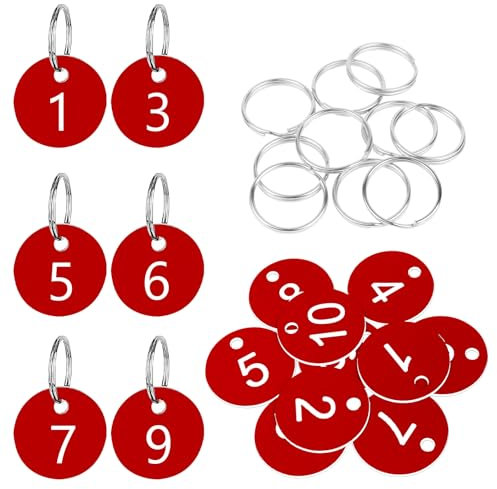 Flintronic 10 Stück Kunststoff Nummernschilder, ID-Nummernschilder aus Kunststoff, Kleine Wasserdichte Zahlenmarken, ID Tags mit Loch, mit Schlüsselringe, für Garderobe Hotel(Rot, 1-10)