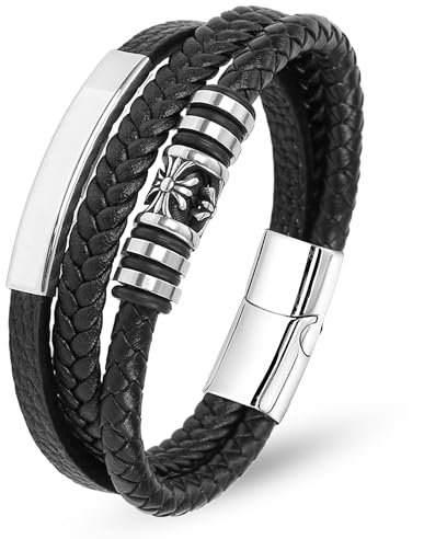 Mochity Armband Herren, Lederarmband Herren Schwarz, Kreuze Kreuz Viking Herrenarmband, Armbänder Armband Edelstahl Für Männer, Männer Geschenke (H)
