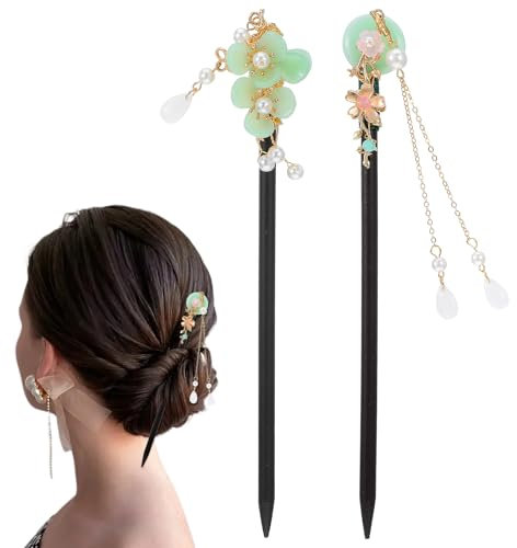 2 Pcs Wooden Floral Hair Chopsticks Chinese Hair Sticks for Women Retro Wooden Hairpins Japanese Floral Hairsticks Vintage Tassel Flower Hairpins Accessories for Women Girls (Green)