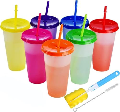 ALINK 7 Stück Becher Tasse Trinkbecher mit Strohhalm & Deckel - 680ml Farbwechselbecher Mehrweg Plastikbecher Kinder Tasse Cup Travel Mug Tumbler Eiskaffee Kaltes Trinken Smoothie Saft