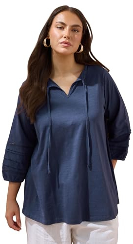 EVANS Curve Blue Tie Neck Cotton Top - Women's - Plus Size Curve