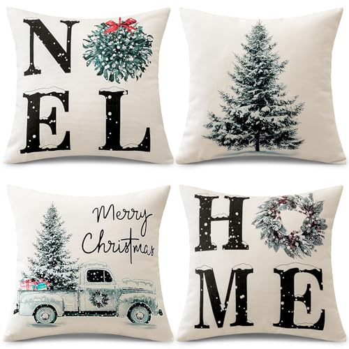 JOTOM 4er Set Weihnachten Kissenbezüge, Dekorative Noel Wurf Kissenbezug Moderne Kissenhüllen Sofakissen Dekokissen Zierkissenbezug für Wohnzimmer Garten Deko (45x45cm, Weihnachtsbaum)