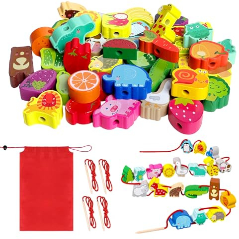 TAGMEIU Toddler Threading Toys, Wooden Montessori Educational Toy for Kids | Animals Fruits Vegetables Toddler String Lacing Beads Toys, Fine Motor Skills Toys