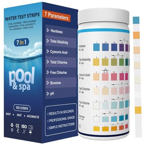 Pool Teststreifen 7-in-1 | Professionelles Tester für Pools Whirlpools und Spas | zur Messung von Chlor, pH Wert,Cyanursäure,Brom,Gesamthärte&Gesamtalkalinität|100 Stäbchen