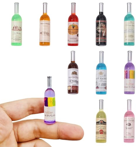 10 Pcs 1:12 Scale Miniature Wine Bottles, Realistic Dollhouse Mini Bar Accessories, Resin Mini Alcohol Bottles for Dollhouse Decor, Cake Toppers, DIY Craft Scenes