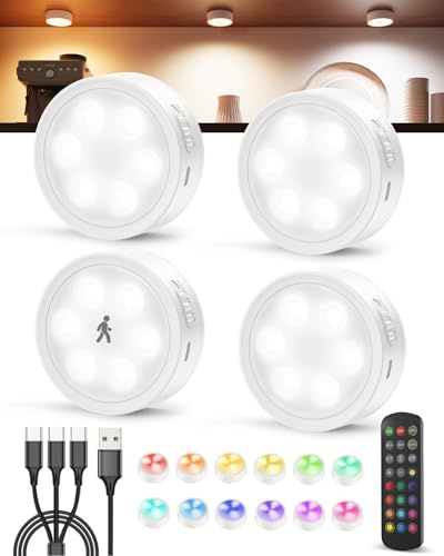 Tedmos 2400mAh LED Spot Akku mit Bewegungsmelder, RGB Schrankbeleuchtung | USB Aufladbar, Fernbedienung, Dimmbar, Timer, Unterbauleuchte Zum Kleben, Magnetisch Nachtlicht für Vitrine, Treppen, Regal
