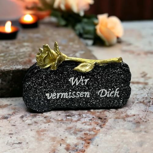 eberin365 GRABWELT – Hochwertiger Grab Gedenkstein 9x14,5cm mit Goldrose 'Wir vermissen Dich', wetterfest, Polystein, vielseitig einsetzbar