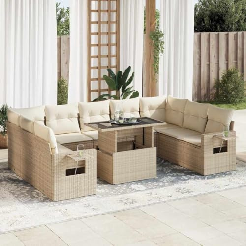 Teenpull 10-TLG. Garten-Sofagarnitur, Beige Poly Rattan, mit Kissen, Verstellbarer Tisch, Stauraum, Outdoor Möbel Set, Modernes Design für Terrasse & Balkon