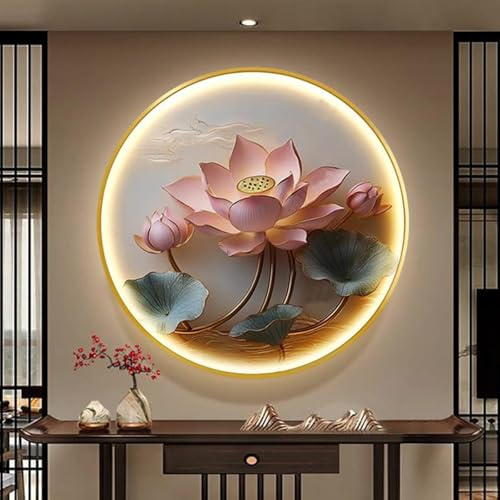 DAJIAYIQI 3D-Lotus-Skulptur mit Beleuchtung, runde LED-Wanddekoration, chinesisches Wandbild, USB-Anschluss und Fernbedienung, für Eingangsbereich und Flur(40cm/15.7in)