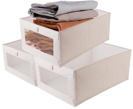 FRUHLING Faltbare Aufbewahrungsbox Stoff, 3 Stück, 41 x 28 x 17 cm | Kleiderschrank Organizer, Mit Griffen, Transparentes Sichtfenster, Für Kleidung Bücher Kosmetik Spielzeug