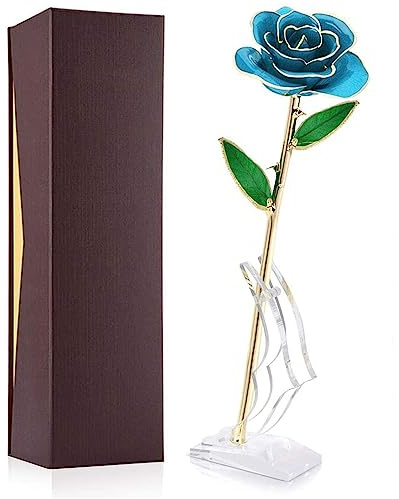 OVAQUIXI Ewige Rose aus 24-Karat-Gold mit Ständer, Echte Blaue Rose mit Langem Stiel, Rosen-Desktop-Ornament für Valentinstag, Muttertag, Erntedankfest, Geburtstag, Weihnachten