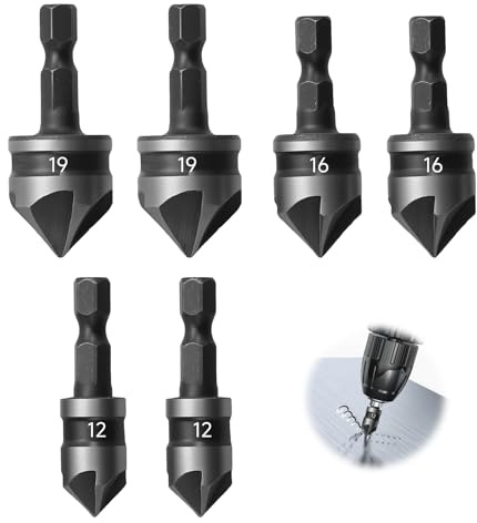 6 Pcs 1/4 Inch Hex Shank, 5 Flute 90 Degree Chamfering Countersink Drill Bit Set 12mm/16mm/19mm Countersink Drills Bit Counter Sink Drill Bits for Wood, Countersinks Bits, for Wood Plastic Aluminium