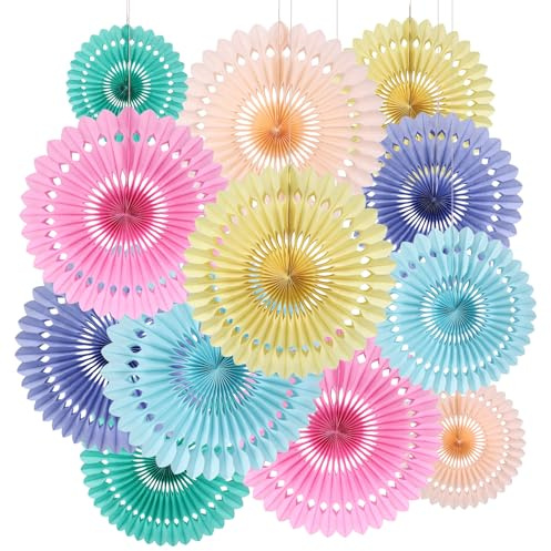 BestoFun Lot de 12 décorations pastel Éventails en papier rose clair et bleu clair avec fleurs pompon suspendues jaune et vert Décoration pour garden-party, anniversaire d’enfant baby shower