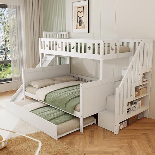 Goldicoo Lit superposé pour enfant avec toboggan, 90 x 200/140 x 200 cm, en bois massif, blanc, avec lit gigogne et sommier à lattes, motif étoiles et lune