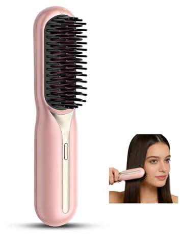 Cordless Rechargeable Heated Hair Straightener Brush - Portable Travel Friendly Hot Brush for Short Hair All Hair Types, Perfect for Daily Styling (Pink)