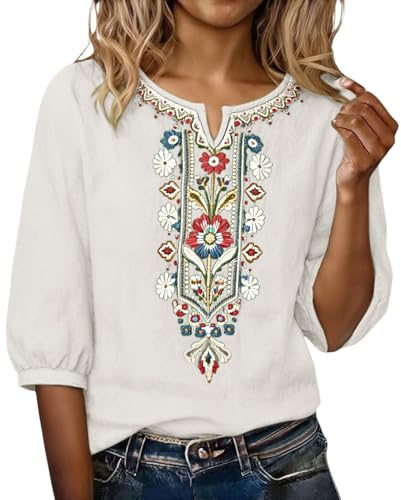Lanunlly Camicia Lino Donna Estive Elegante Camicetta Manica 3/4 Curvy Bluse e Camicie Scollo a V Tinta Unita Camicette Ricamo Vintage Casual Top da Spiaggia Maglietta Leggera e Comoda Taglie Forti