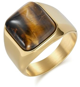 Stfery Siegelring Quadrat Edelstahl Breit 17MM für Herren, Gold Ring Tigerauge Gr.67 (21.3)