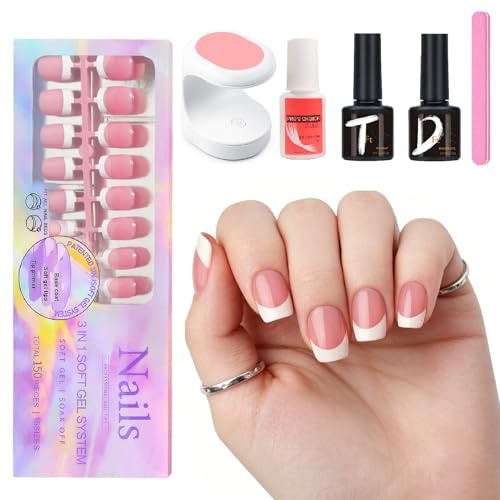 French Tip Press on Nails Kit - 150PCS Short Square False Nails - Pink Nude Full Cover Soft Gel Fake Nail Tips with Glue, Top Coat, Builder Gel, Nail Lamp and File for Women DIY Manicure