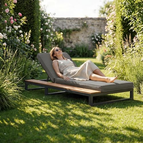 FammyLoft Outdoor Patio Daybed mit Regalen, Outdoor Wasserdichtes Sofabett mit Verstellbarer Rückenlehnenwinkel, Multifunktionales Camping Liegebett, Liegen, Sonnenliege, Gartenliege(Linke Seite)