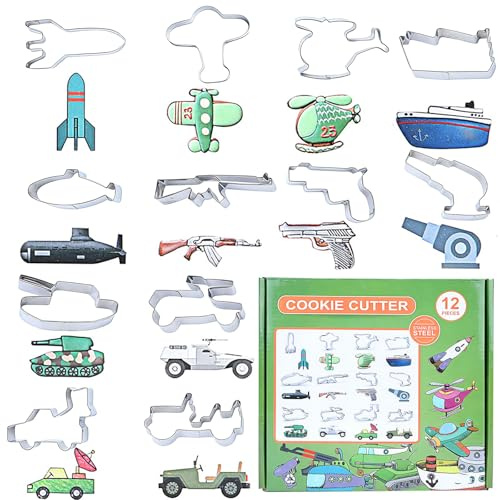 12 Pcs Military Vehicle Shape Stainless Steel Cookie Cutters Set | Army Transport Style Biscuit Moulds, Reusable Fun Kitchen Tool for DIY Fondant, Pastry, Family Baking, Party Decor