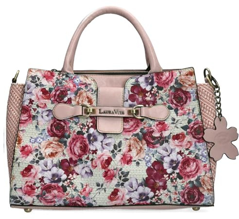 Laura Vita Ayna 02 Damen Henkeltasche Handtasche aus Kunstleder in Rosa mit Blumenprint. Rosa