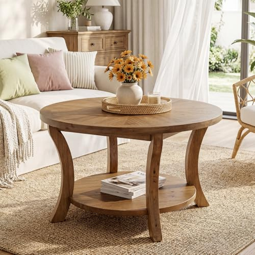 TRIBEWOOD 80cm Round Solid Wood Coffee Table with Storage Shelf, 2-Tier Centre Table for Living Room, Modern Wood Accent Furniture for Small Spaces, Living Room, Brown
