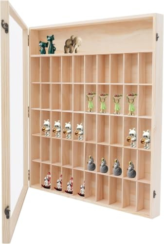 Sammlervitrine aus Kiefernholz mit Acrylscheibe,Setzkasten Holz Hängend mit 50 Fächern,Wandvitrine 6 Etagen für Actionfiguren,Mini-Pop-Puppen,Modellautos und Sammelgegenstände,Display Schaukasten Wand