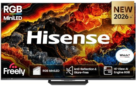 Hisense 85” 85ER8STUK RGB MiniLED 180Hz 4K Ultra HD AI Smart TV with Freely, Netflix, Disney+ and YouTube – Hi-View Ai Engine RGB, Native 180Hz Game Mode, Anti-Reflection & Glare-Free
