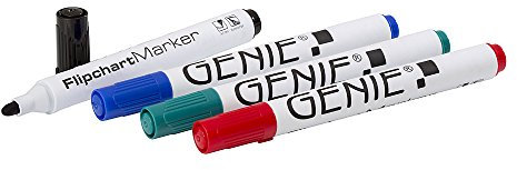 Genie 40042 Flipchart Marker; Farbig sortiert; mit Rundspitze; Ideal für Flipchart- und Schreibblöcke; Strichbreite 1-3 mm; 4 er Pack Inhalt: je 1 x Schwarz; Blau; rot und Grün
