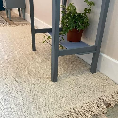 Second Nature Online - TARKARLI Medium Cotton Rug | Ivory Cream | Textured Blanket Style Indian Mat with Fringes | Hand Woven | Eco-Friendly (Rectangular: 90x150 cm)