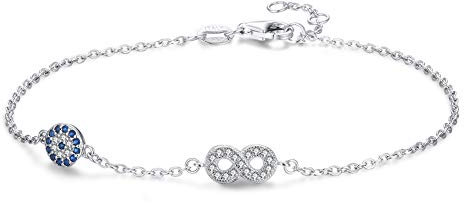 TONGZHE Blue Evil Eye Infinity Sign Bracelet Sterling Silver 925 Cubic Zirconia Length Adjustable 16-17-18cm