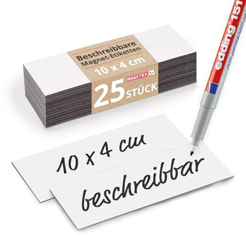 Magstick 25 Stück Magnet-Etiketten 10 x 4 cm zum Beschriften - mag069 | Rückseite magnetisch, Größe 100 x 40 mm, Stärke 0,85 mm, Kein Haftgrund für Magnete, NICHT als Haftmagnet gedacht