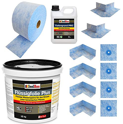 Isolbau Komplett-Dichtset - Inkl. 1x Flüssigfolie PLUS (16 kg), 1x Tiefengrund PRO (3L), 1x Dichtband (20 m), 4x Innenecken, 2x Außenecken & 4x Manschetten