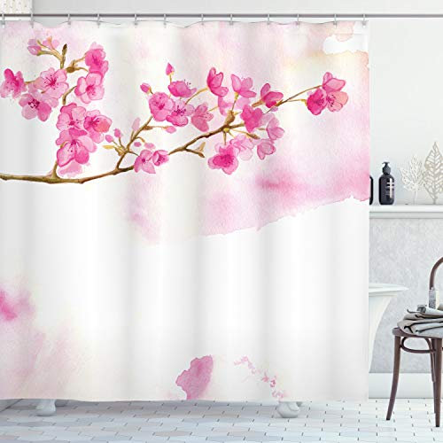 ABAKUHAUS Fleur de Cerisier Rideau de Douche, Jardins pacifiques, Tissu Ensemble de Décor de Salle de Bain avec Crochets, 175 cm x 220 cm, Pale Café Rose pâle