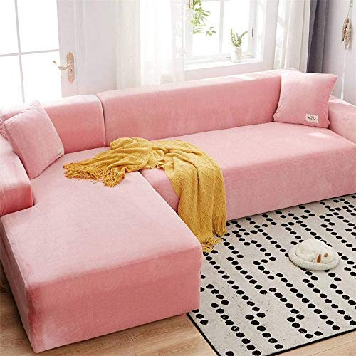 LINGKY Sofabezug Ecksofa L Form Stretch Samt Sofa Überzug Universal Couchbezug Für 1/2/3/4 Sitzer Waschbar Sofa Überwürfe (L Form Ecksofa Erfordert Zwei) - Sofabezug 3 Sitzer, Rosa