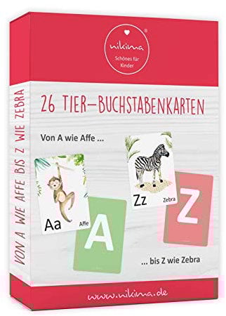 26 Tier Buchstabenkarten Lernkarten - Ich lerne das Alphabet - ABC Lernspiel Karten für Vorschule und Schule Set