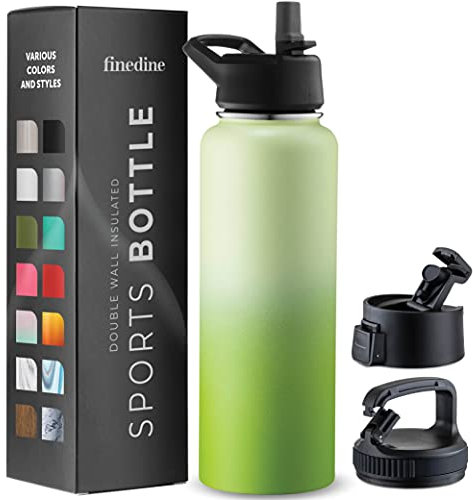 FineDine Water Bottle - Stainless Steel Insulated Water Bottle with Straw Lid, Flip Lid & Wide-Mouth Cap - Keeps Hot and Cold - 40 Oz / 1.18L - Dreamy Green