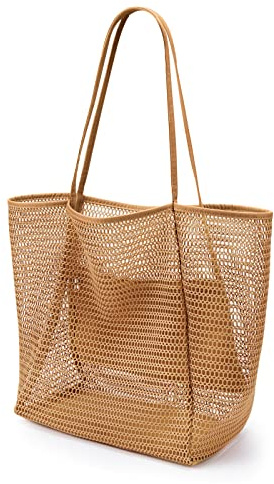 KALIDI Beach Mesh Tote Bag, Casual Tote Grocery Bag Hobo Women Foldable MAX 23L Shoulder Bag For Beach Picnic Vacation