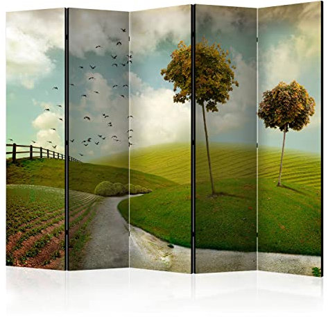 murando Raumteiler Foto Paravent Landschaft 225x172 cm beidseitig auf Vlies-Leinwand Bedruckt Trennwand Spanische Wand Sichtschutz Raumtrenner Design Wald Bäume Feld Vögel c-C-0350-z-c