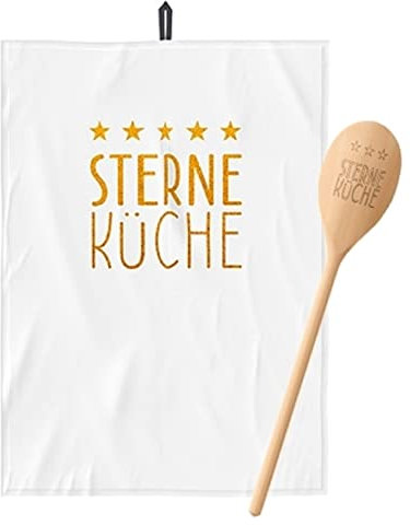 LaVida - 306641 - Set mit Handtuch und Kochlöffel, Sterne Küche, Baumwolle, Holz, 50cm x 70cm