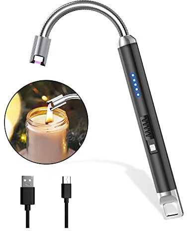 Rouclo Allume Bougie Electrique, USB Rechargeable Briquet Électrique avec Affichage LED, Briquet Arc Électrique Coupe-Vent sans Flamme pour Cuisine,Bougie,Barbecue,Cheminée (Noir)